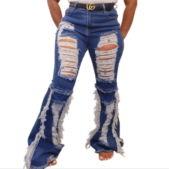 Bella Blue Distressed Flare Jeans - Picture 1 of 1